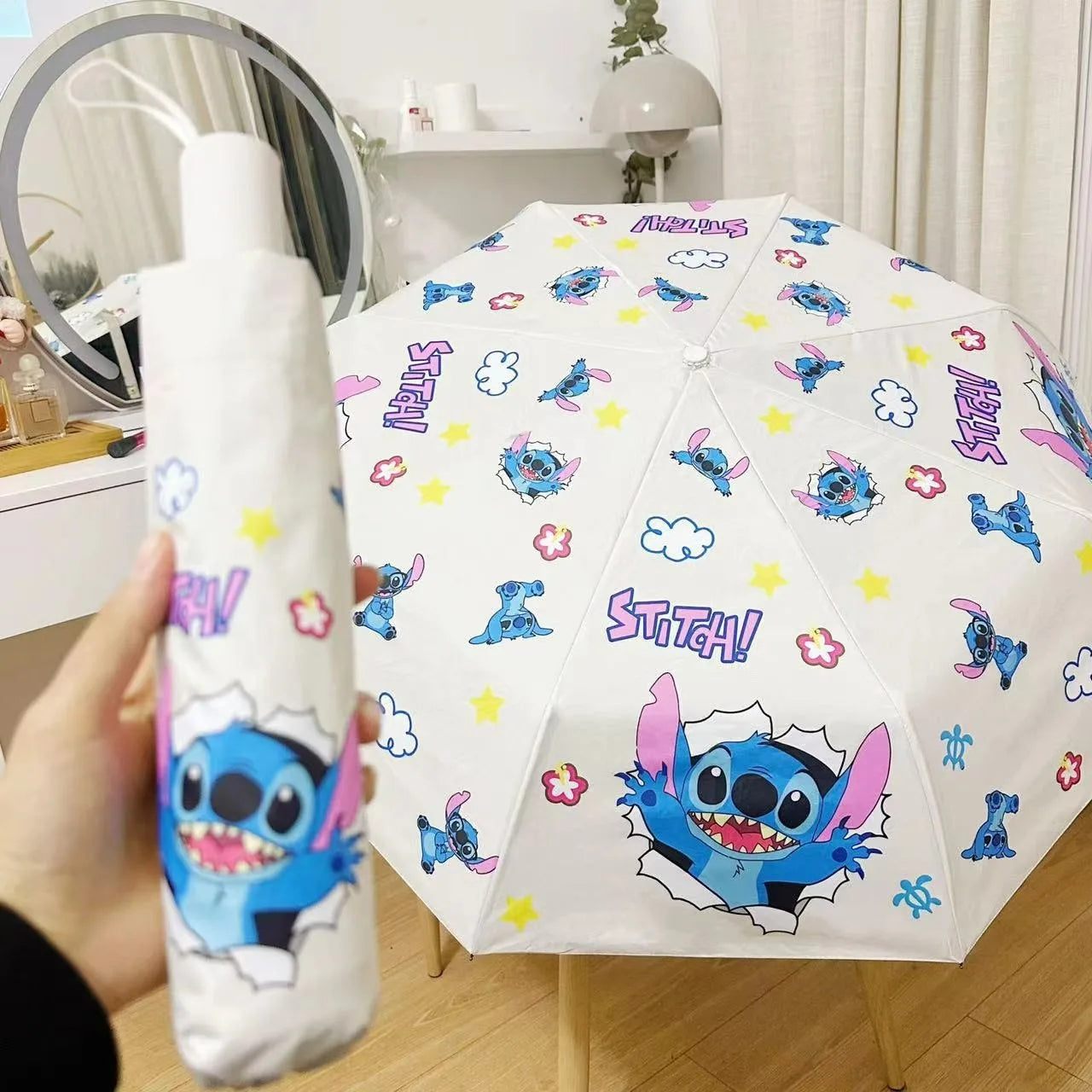 Guarda-Chuva Automático Stitch Cartoon | Proteção Solar e Chuva - Dobrável e Fashion