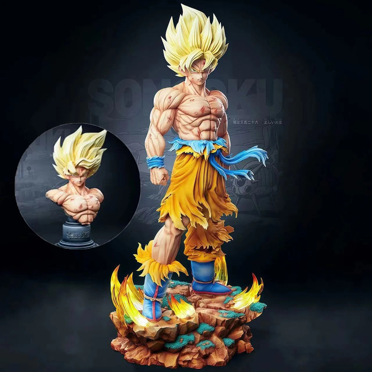 Estátua Dragon Ball Z – Son Goku Super Saiyajin 34 cm (1/6) | Cabeças Intercambiáveis + Base LED USB-C
